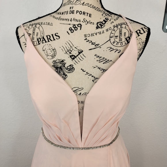 Lulus Sz 2 Maxi Dress Blush V-Neck Under Bust Embellished Corset Back Gown Slit - Picture 3 of 11
